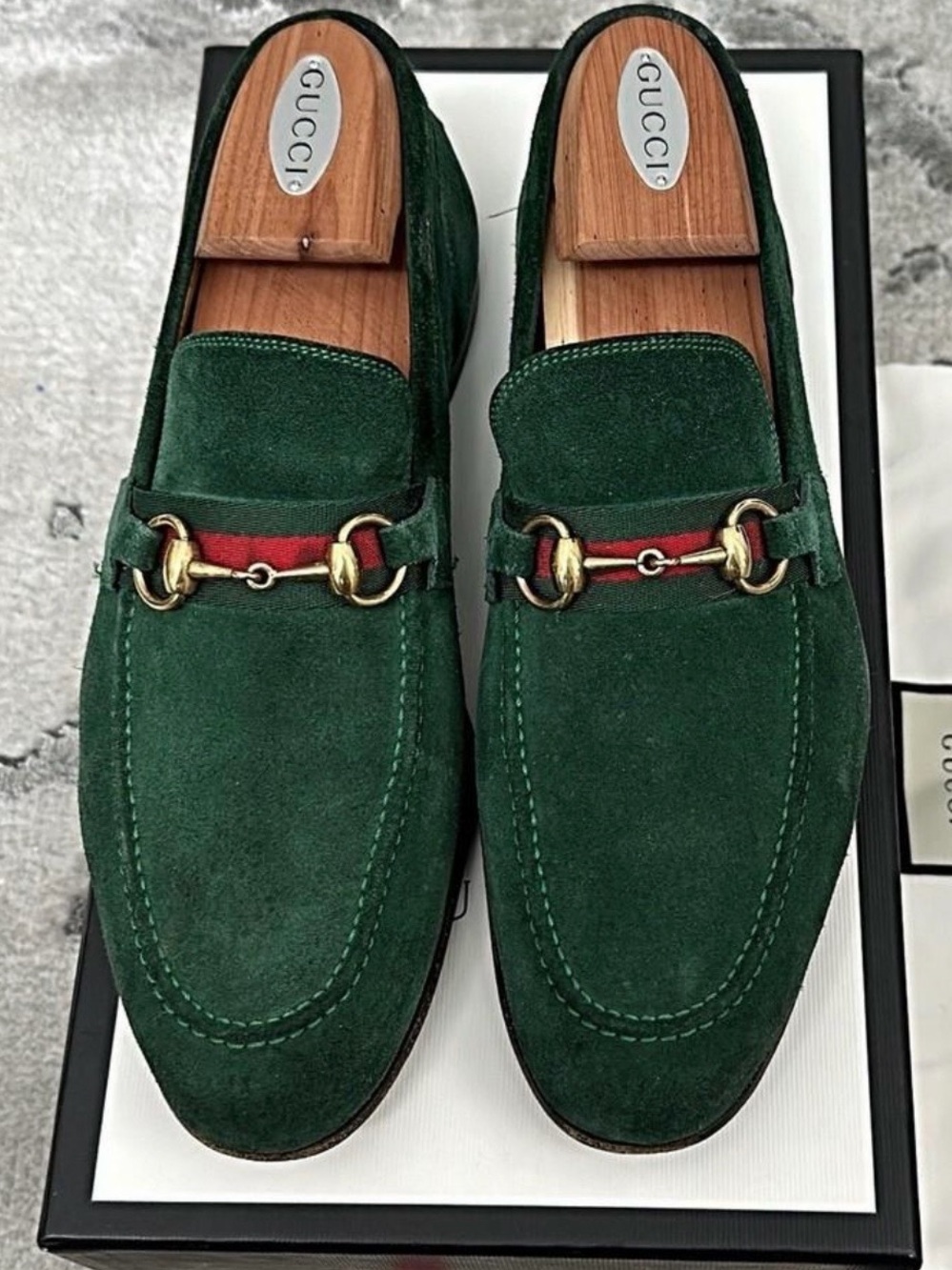 Gucci Green Suede Horsebit Loafers with Red/Green Web